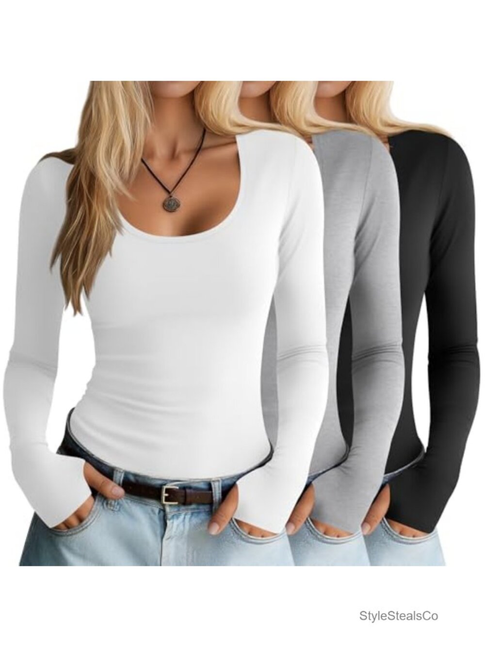 3 Pack Women's Long Sleeve Thumb Hole Shirts Slim Fit Scoop Neck